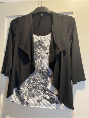 Susan Lawrence Black Draped Open-Front fooler top with Monochrome Printed Shell